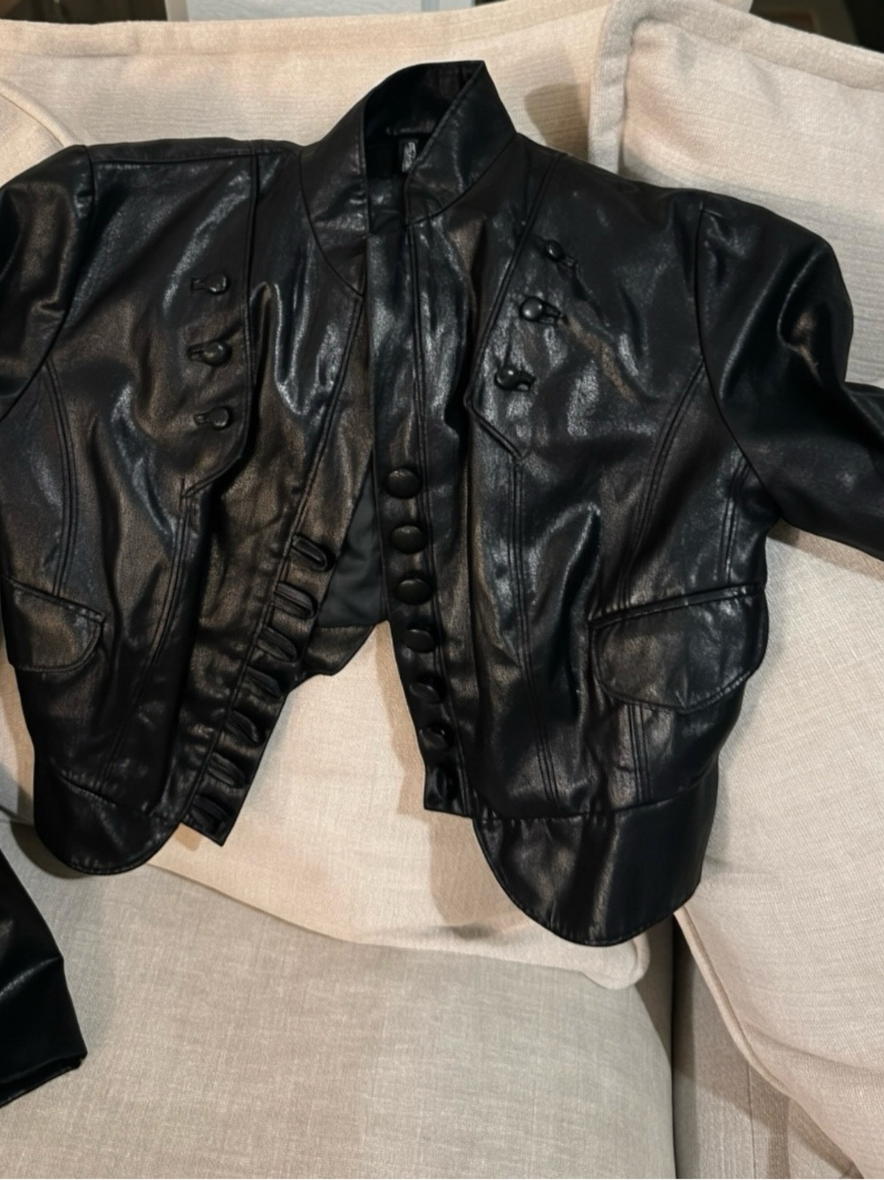 Bisou Bisou Black Faux Leather Military-Style Cropped Jacket